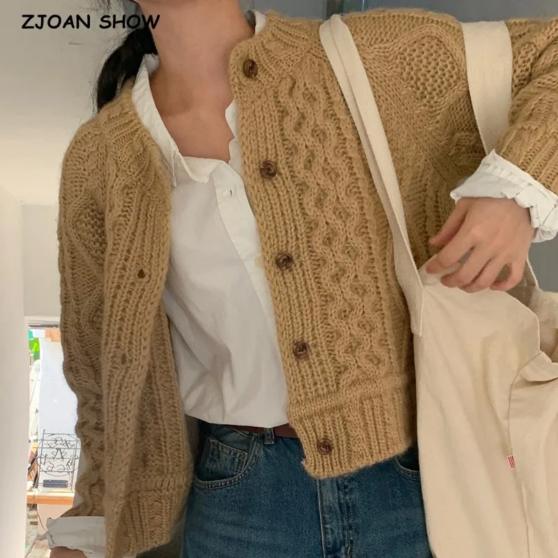 Autumn Women Cable Twist Knitted Cardigan Crew Collar Single-breasted Buttons Sweater Loose Jumper Khaki Beige