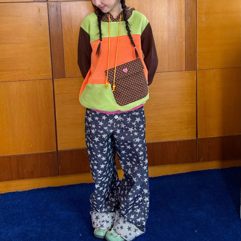 التصميم الأصلي ستار الجاكار لعوب المرأة الدنيم بنطال ذو قصة أرجل واسعة اليابانية الجديدة فضفاضة التخسيس تنوعا سراويل طويلة السيدات #5