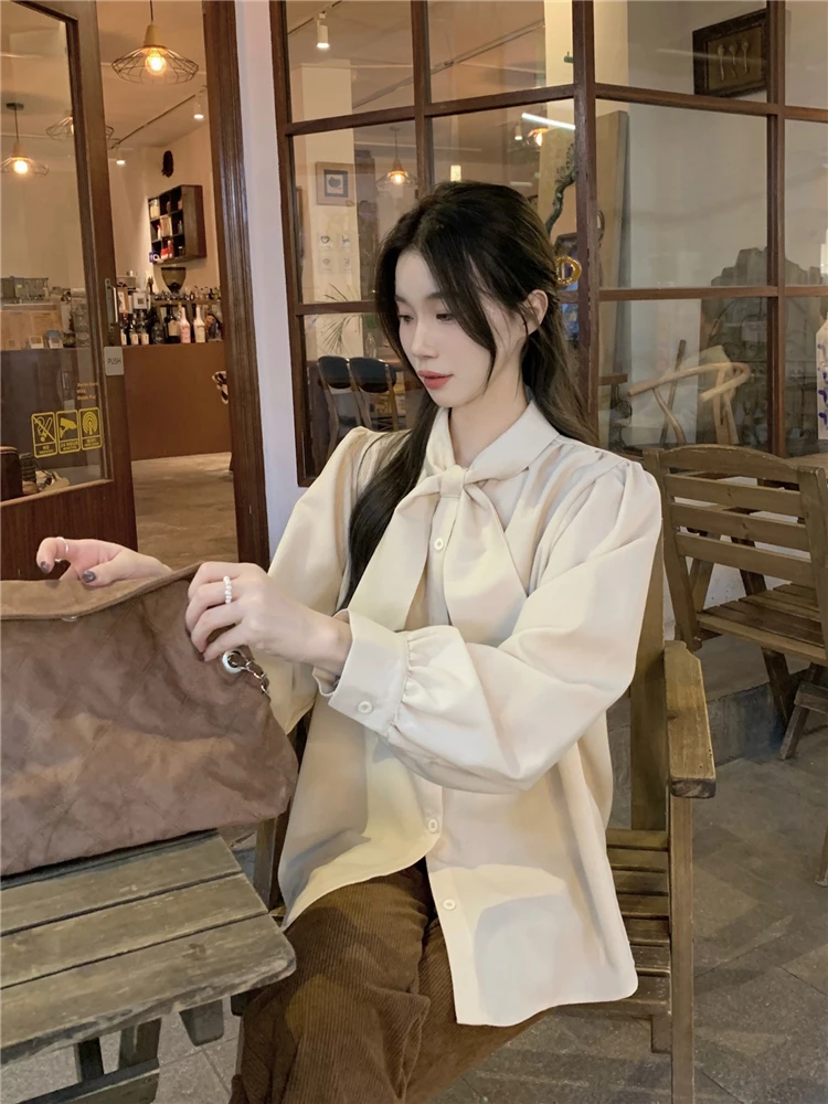 2024 Spring Office Lady Shirts Long Lantern Sleeve Bow Collar Sweet Female Blouses Fashion Women's Basic Shirt Button Fly Blouse