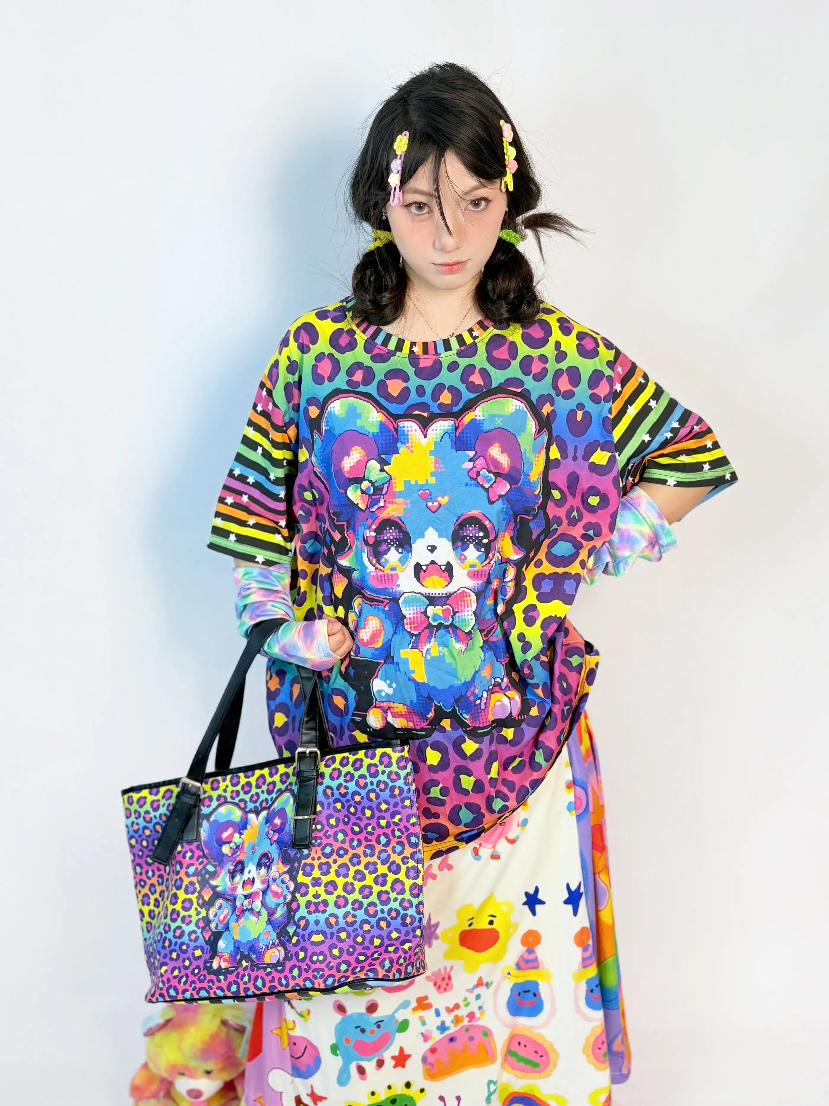 New 2026 Rainbow Leopard Cute Pixel Bear Contrast Full Print T-shirt Y2k Summer Harajuku Style Children/Adult Oversized Top