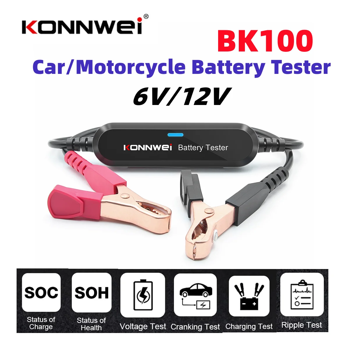 KONNWEI BK100 Bluetooth 5.0 Car Motorcycle Battery Tester 6V/12V Battery Analyzer 100 to 2000 CCA Charging Cranking Test Tool