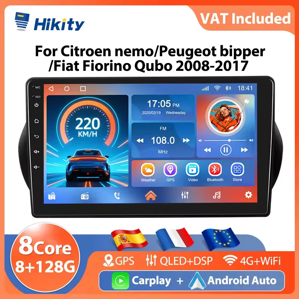 Autoradio Hikity 8+128G 4G pour Citroen nemo/Peugeot bipper/Fiat Fiorino Qubo 2008 Lecteur multimédia Carplay Android Auto GPS