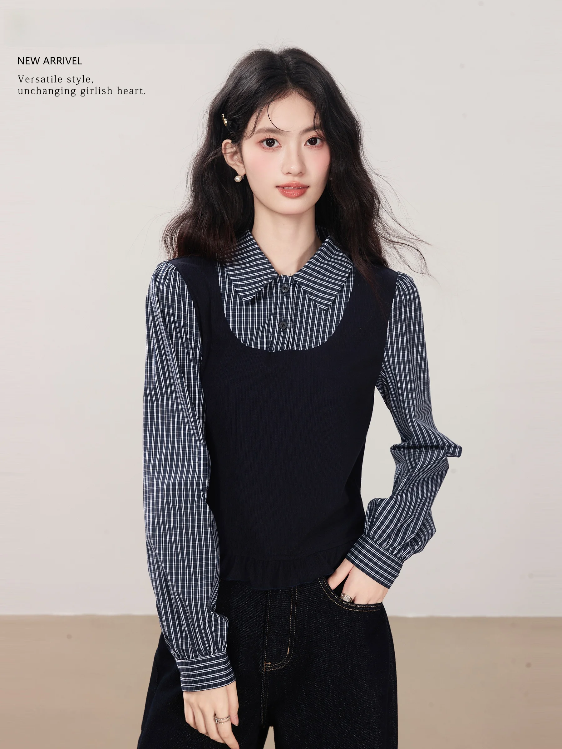 

Long Sve Collar Plaid Pattern Women's irt by Lingjiu 'Blue A Overture' Autumn Winter High End Feel Loose Fit Comm...
