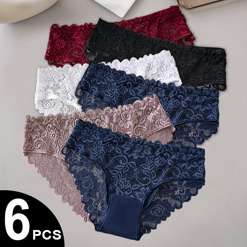 Solid Color Middle Waist Women Cotton Panties Set Lace Floral Hollow Out Women Briefs Sexy Lingerie Underwear 6PCS