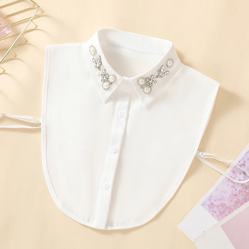 Women's Handmade Nail Half Round Bead Pointed Neck Chiffon Fake Collar Versatile Decoration Half Shirt Style Fake Collar