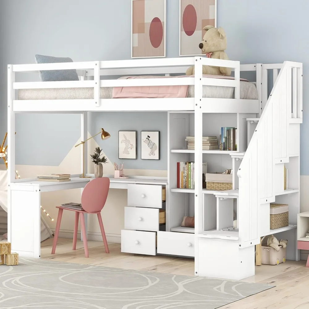 

Twin Size Loft Bed with L-Shaped Desk and Stairs, Solid Wood Loft Bed Frame with Storage Drawers and Bookcase, for Kids Teens