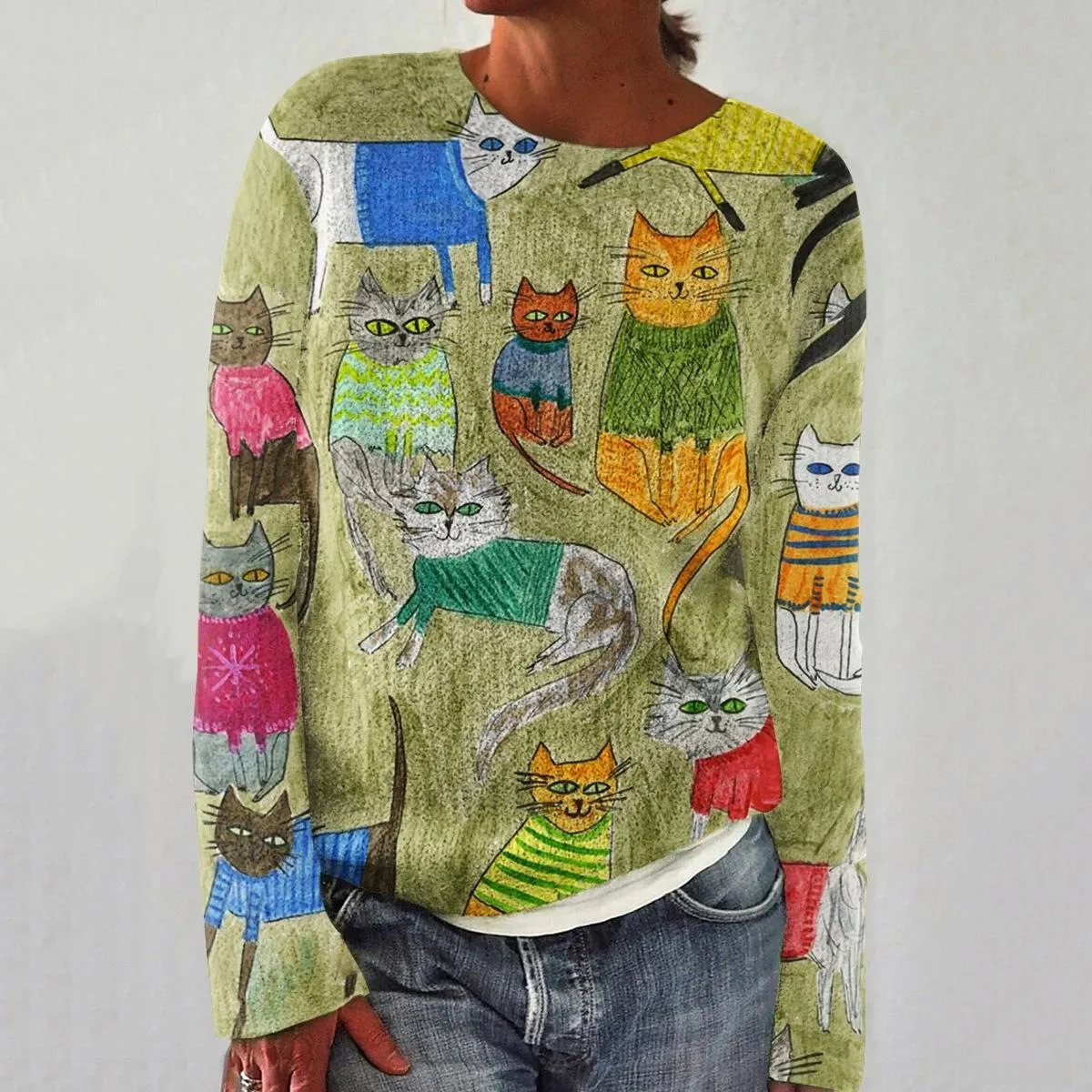 2025 الخريف والشتاء جديد القط طباعة الكتف طويلة الأكمام المرأة سترة عارضة الصوف سترة أوروبا وأمريكا