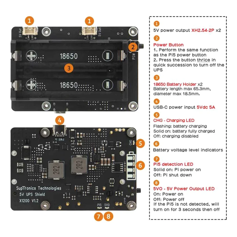 AC56-X1200 für Raspberry Pi 5 USV-Board Power Management-Erweiterungsplatine für 18650-Li-Batterie (Batterie NICHT im Lieferumfang enthalten)