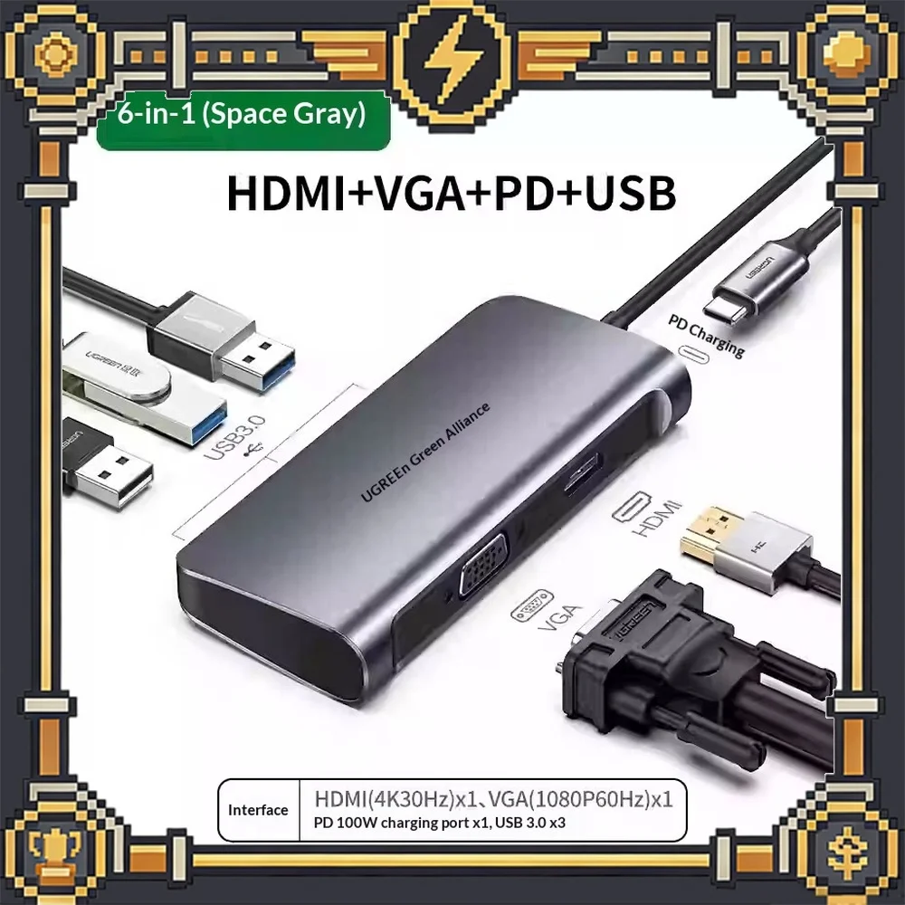 UGREEN 50319 6 in 1 USB C Hub HDMI 4K VGA 1080P 3 USB 3.0 PD Adapter for Laptop PC Monitor