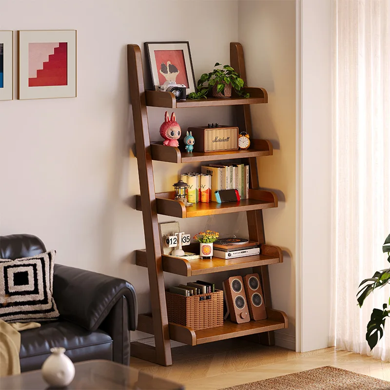 

All solid wood trapezoidal bookshelf, bedroom shelf, floor-to-ceiling integrated wall bookcase, household room multi-functional