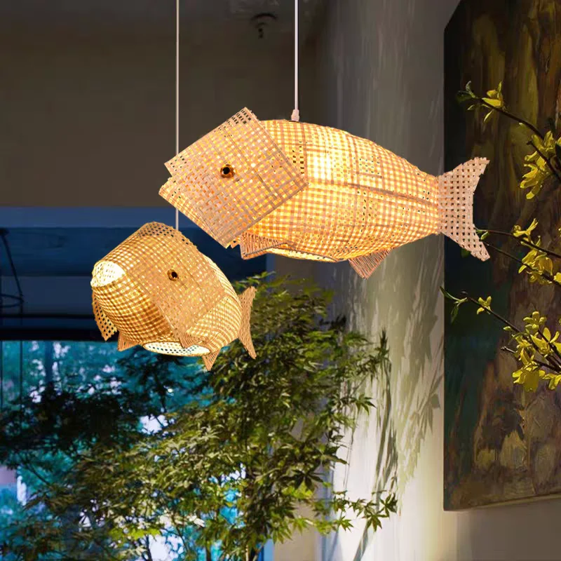 Lámpara Colgante de Bambú con Diseño Creativo en Forma de Pez para Restaurante, Sala de Estar, Hotel, Lámpara de Bambú Tejida con Diseño de Koi de la Suerte