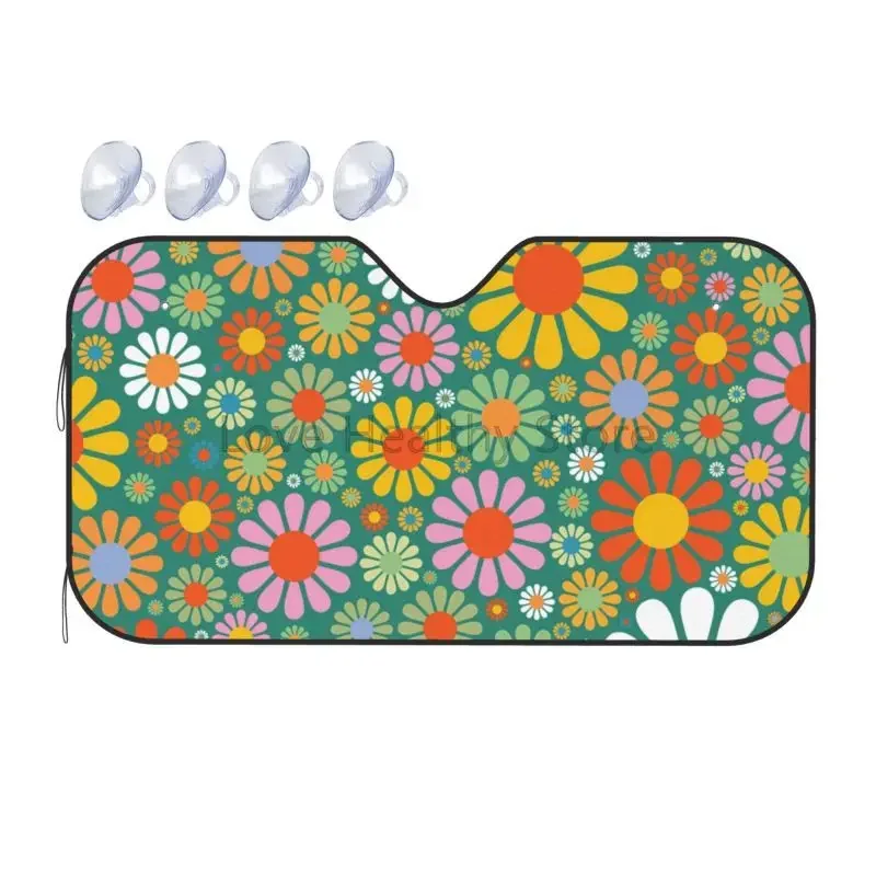 

Abstract Groovy Hippie Flowers Windshield Sun Shade Foldable Car Front Window Sunshades Floral Sun Visor Protector