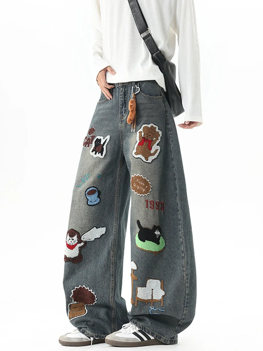 

Мужские зимние джинсы Thiened с мультяшной вышивкой, прямые, широкие, в американском стиле, для уличной моды