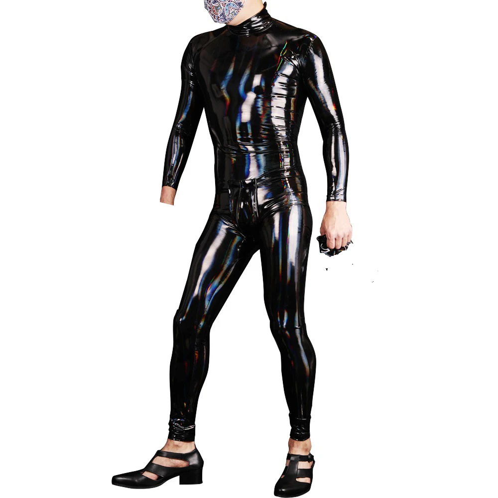 Halloween Costume Man Faux Latex Bodysuit PVC Dazzle Color Shiny Leather Nightclub Cosplay Bottom Crotch Zipper Catsuit Jumpsuit