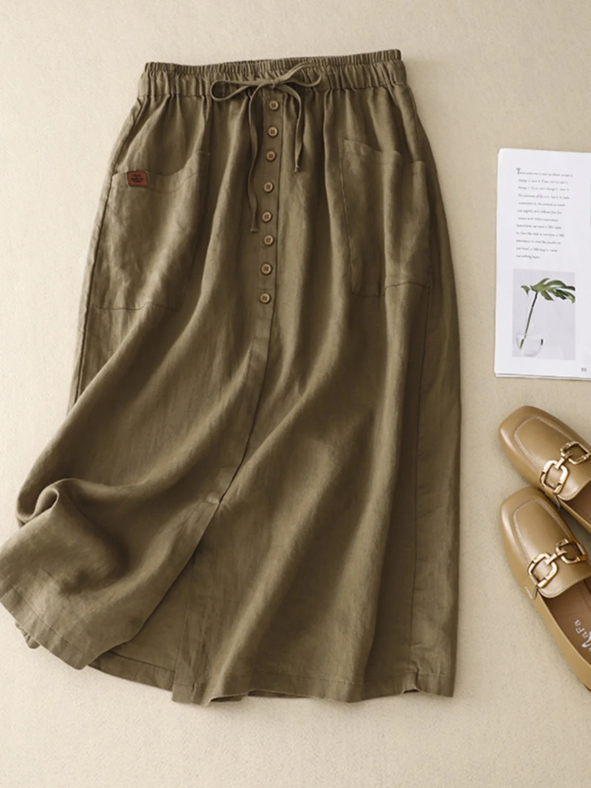 ارتفاع الخصر ثنيات القطن الكتان ألف خط تنورة المرأة الصيف زر واحد الورك تغطي التنانير غير رسمية الكورية Sle ميدي تنورة #1