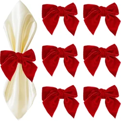 6Pcs Red Bow Napkin Rings Christmas Napkin Holders Handmade Velvet Serviette Buckles for Xmas Wedding Party Dinner Table Decor