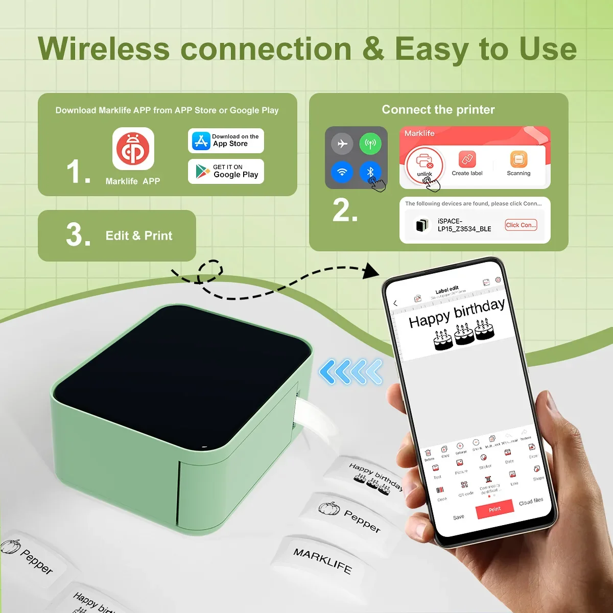 Thermal Label Printer Mini Portable Wireless Bluetooth Student Name Tag Printing Mini Label Maker Auto Cut Support Phone PC