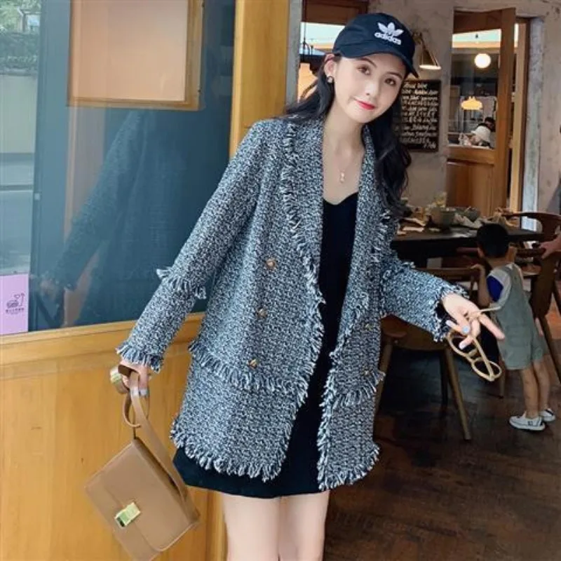Fashion Spring Autumn Korean Suit Women's Tweed Jacket Double-breasted Blazer Design Coat Tassels Lapel Long Sleeve Coat Tops