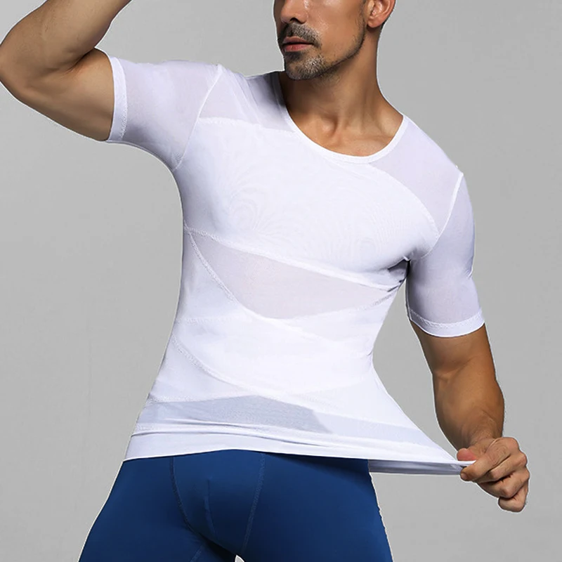 MrifDila Mens Shapewear Short Sleeve Body Shaper Top Chest Belly Compression Shirt Men's Slimming Tight Hide Boobs Breathable