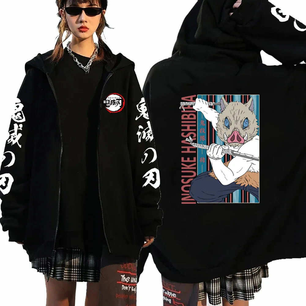 Harajuku Anime Demon Slayer Women Zip Hoodie Kamado Nezuko And Hashibira Inosuke Plus Size Zip Up Girl Boy Sweatshirts Pullover