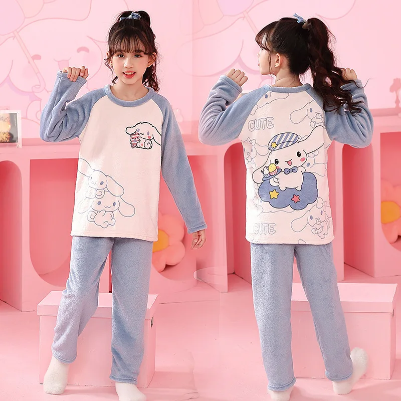 

Winter Flannel Children Pajamas Set Kawaii Anime Kuromi My Melody Cinnamoroll Hello Kitty Boy Girl Warm Sleepwear Kids Homewear