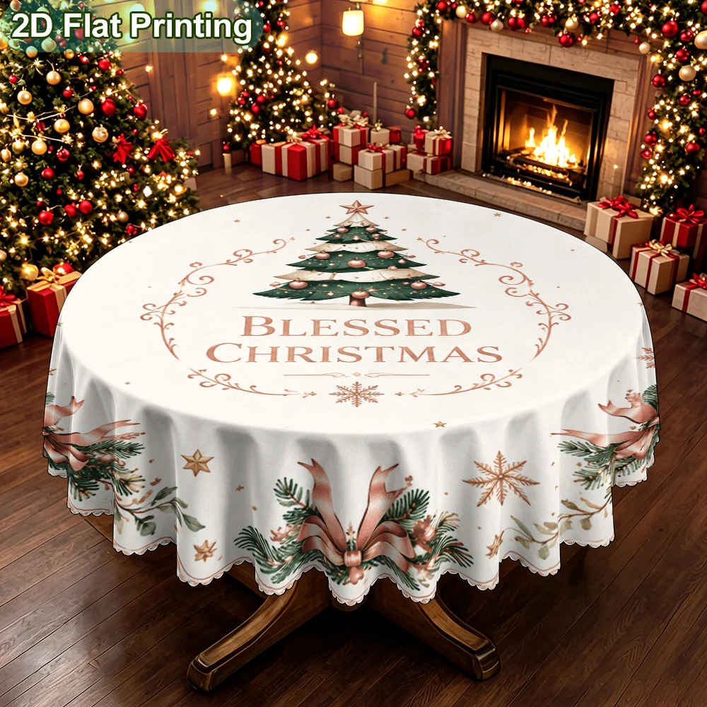 1Pc 2D Flat Blessed Christmas Tree Snowflake Wreath Tablecloth, Christmas Gift, Suitable for Table Decoration, Dining Room