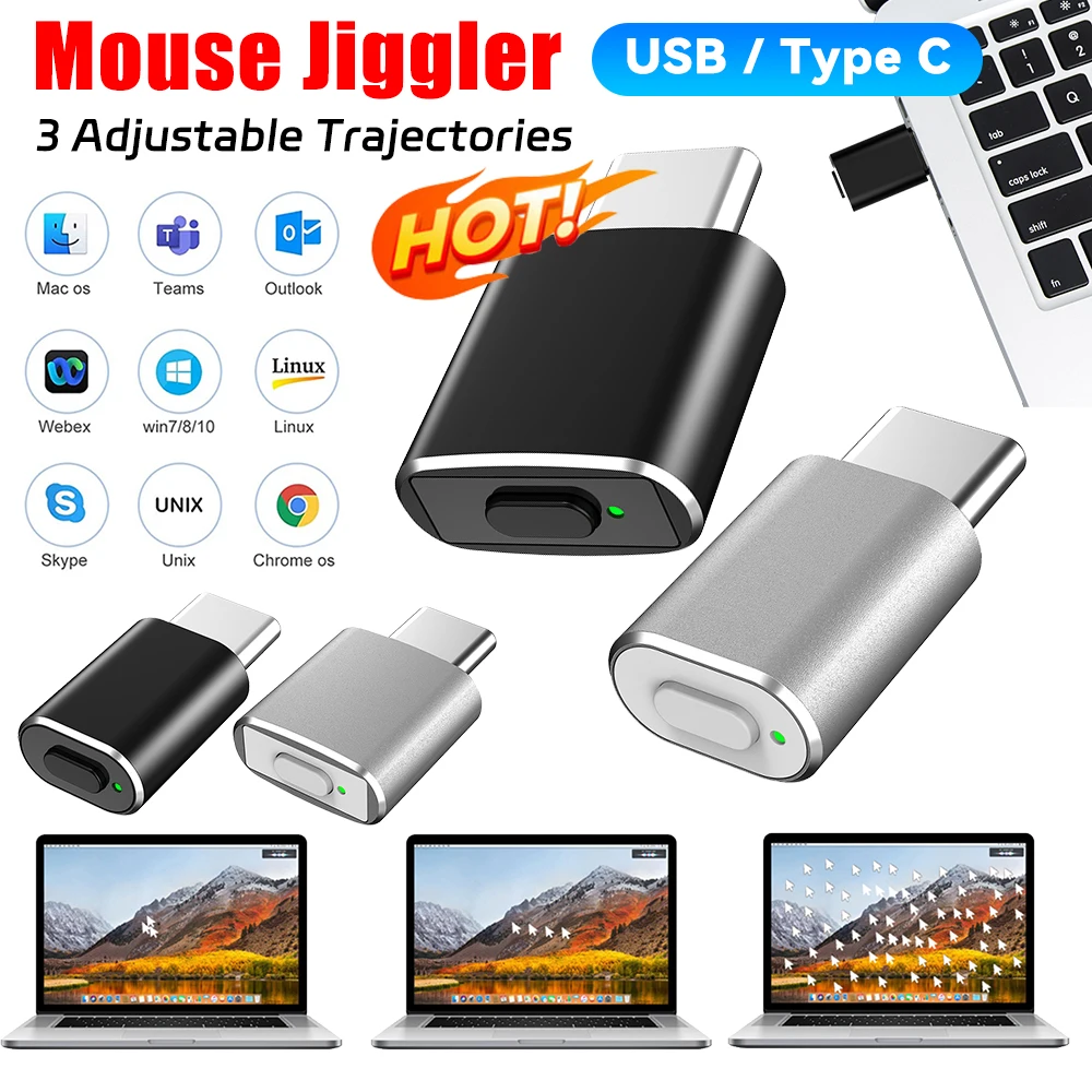 Mouse Jiggler USB Type C Undetectable Mouse Mover Shaker Simulate Mice Driver-Free Keeps Computer PC Laptop Awake ON/Off Button