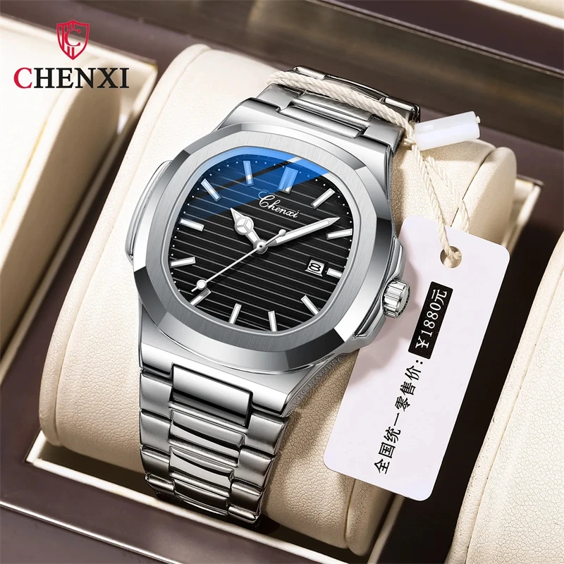 CHENXI 8222 Stainless Steel Wristwatch Case Fashion Calendar Quartz Waterproof Luminous Man Watches Reloj Hombre