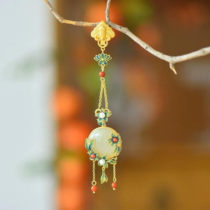 

Natural Hetian White Jade Tassel Pendant Dual Use Vintage Chinese Style Ancient gold crafts Classic Creative Jewelry for women