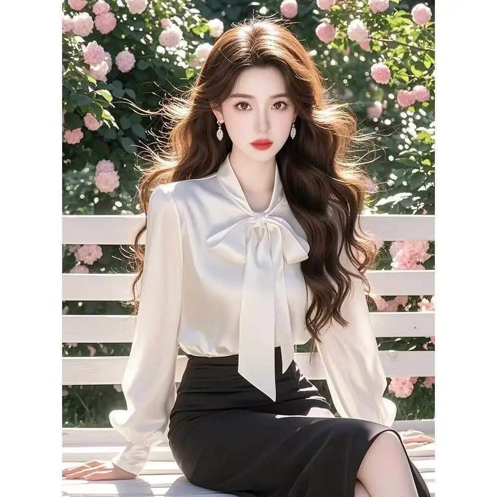 

Новые деловые рубашки для женщин, утягивающая атласная шелковая блузка с длинным рукавом и галстуком-бабочкой, женская элегантная однотонная блузка высокого качества