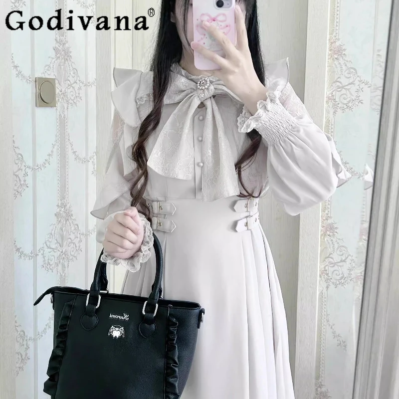 ญี่ปุ่น Rojita ลูกไม้ Ruffle ชุดผู้หญิงขอบเอวแขนยาวหญิงฤดูใบไม้ผลิ Subculture เอวสูงชุดยาว