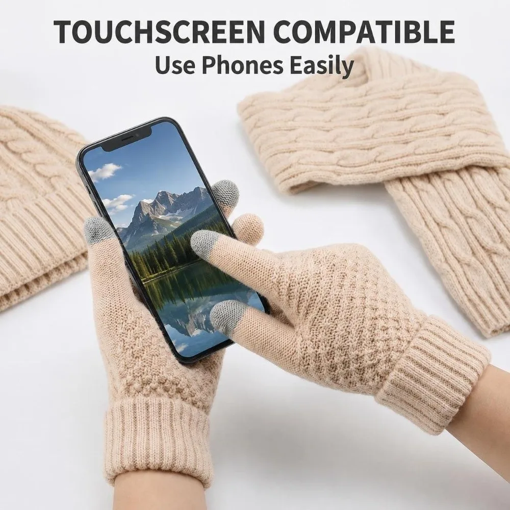 3Pcs/Set Warm Winter Hat Scarf Gloves Set Thicken Soft Knit Beanie Snood Set Elastic Windproof Touchscreen Gloves for Men Women