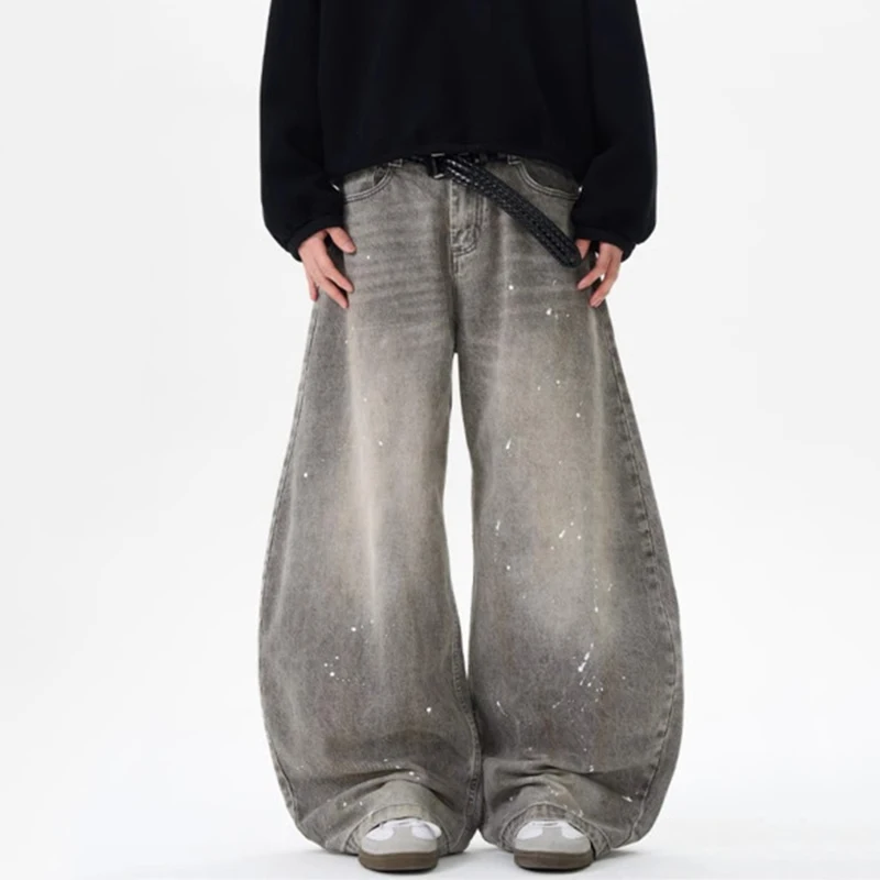 

Vintage Men's Jeans Splash-ink Washing Contrast Color Casual Wide Leg Trendy Denim Trousers Straight Machete Pants