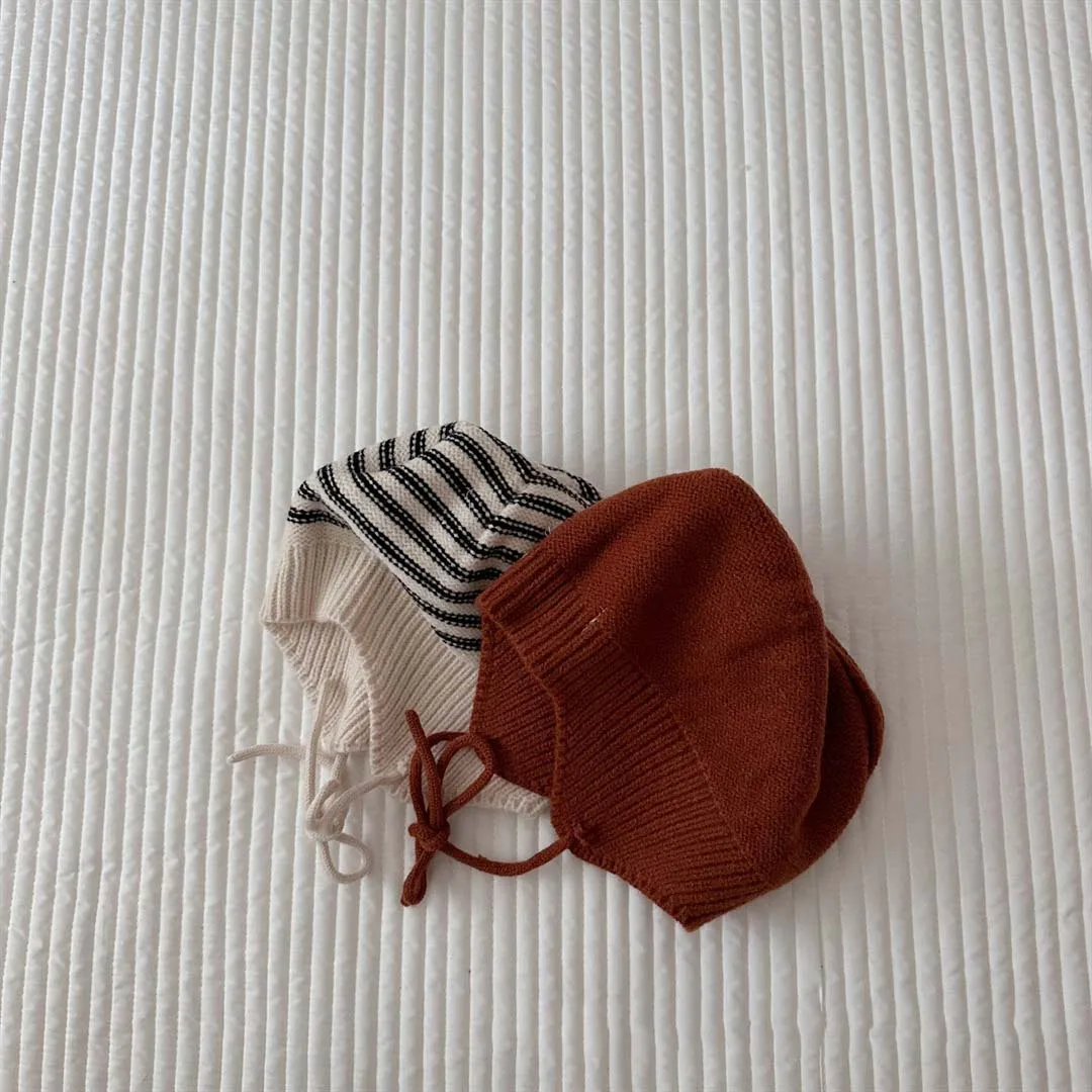 Cute Pom Kids Knit Hat 2023 Autumn Kids Beanie Ear Protection Cap For Girls Boys Fashion Striped Soft Baby Bonnet Cap