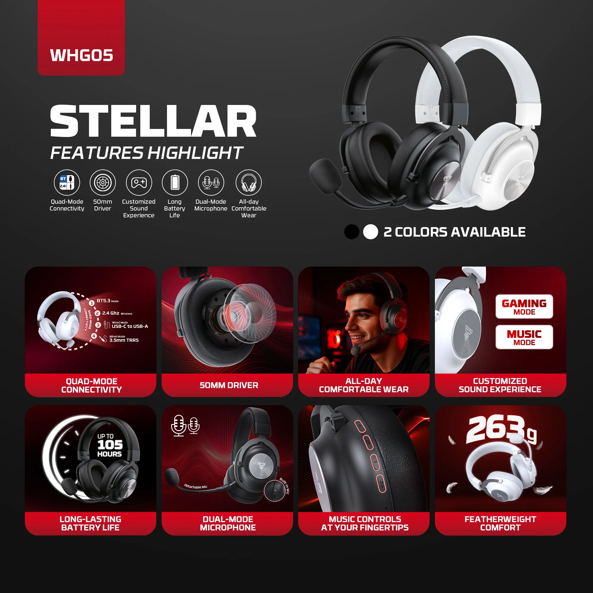 FANTECH STELLAR WHG05 Wireless Gaming Headset 2.4G/Wired/BT5.3 3 Modes With Bendable HD Mic Headphones Immersive Sound For PC PS