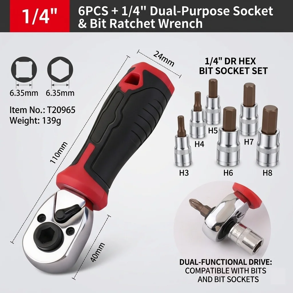 6-teiliger 1/4-Zoll-Sechskant-Bit-Steckschlüsselsatz H3-H8 aus Industrie-S2-Stahl mit hohem Drehmoment für Ratschenschlüssel & Drehmomentschlüssel-Werkzeuge – Detail 5