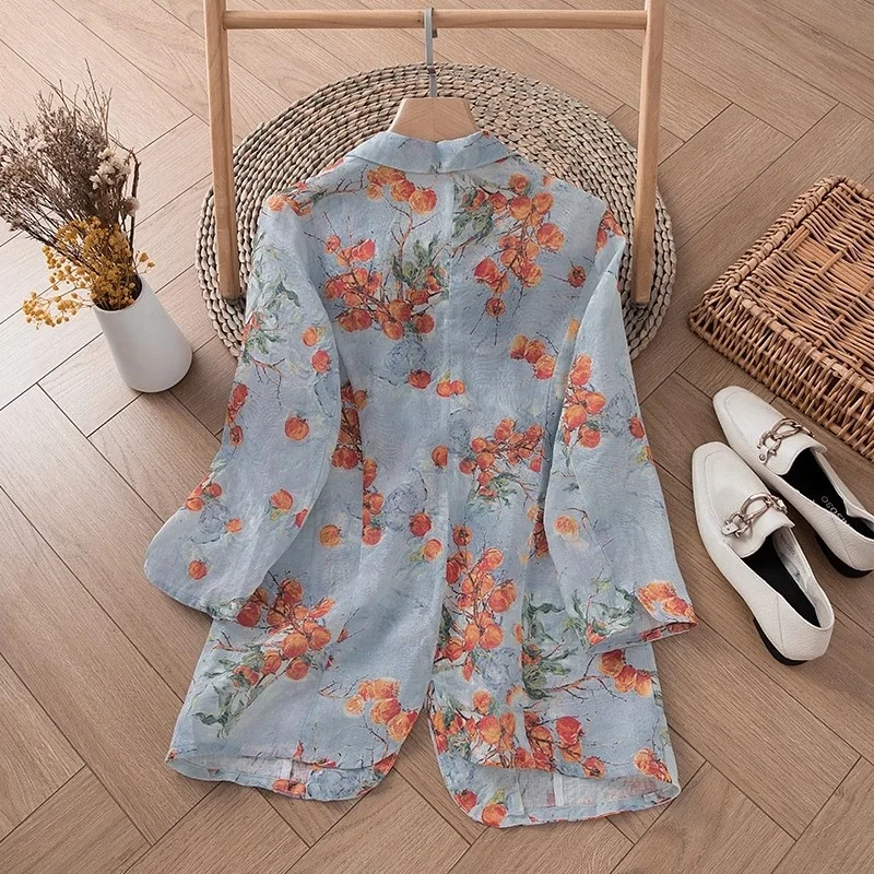 Women's Casual Thin One-Button Blazer Spring Summer Printed 3/4 Sleeve Suit Jacket Stylish Blouse Top W786