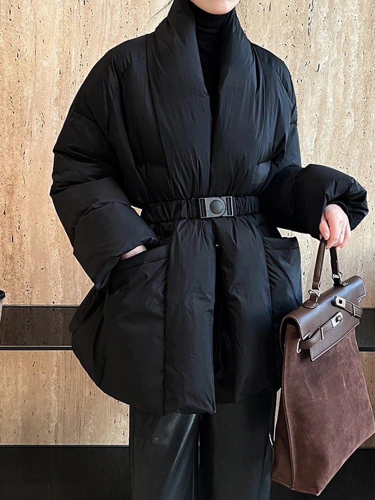 LANMREM V-Neck Waist Wrapped Down Coat Female Long Sleeves Solid Color Belt Warm Fashion Streetwear Coats 2024 Winter 2DA8029