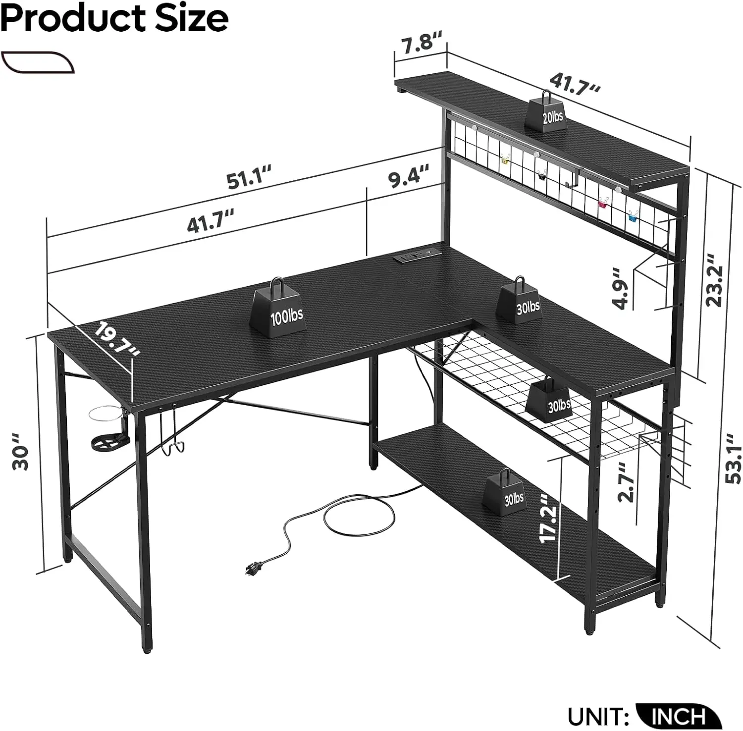 Scrivania da gioco a forma di 51 L con prese di corrente, postazione di lavoro a LED con ripiani a 4 livelli per l'home Office, giocatore reversibile