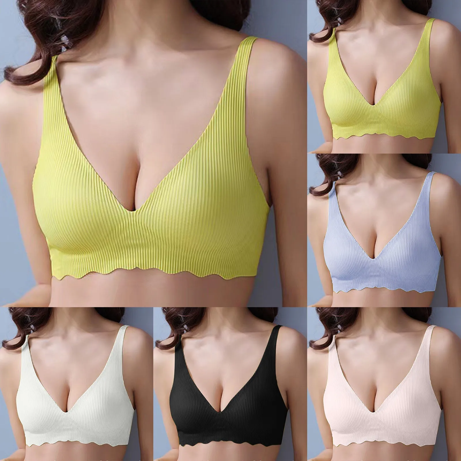 Women's Comfortable Summer Traceless No Steel Rim Small Chest With Soft Support Fixed Sexy Deep V Bra