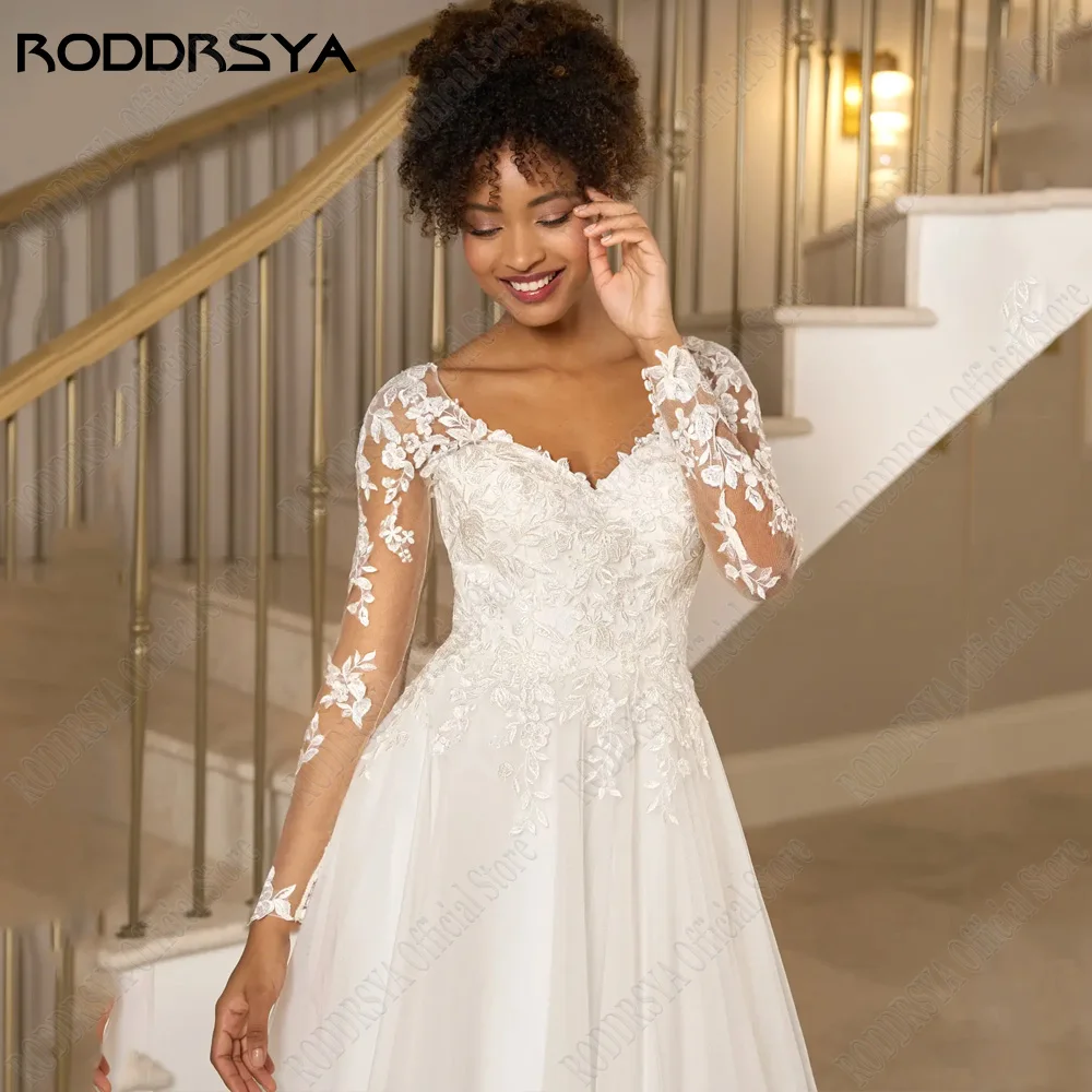 RODDRSY gaun pernikahan elegan, dengan lengan panjang 2023 renda Applique gaun pengantin sipil A-Line ilusi leher V vestido de noiva