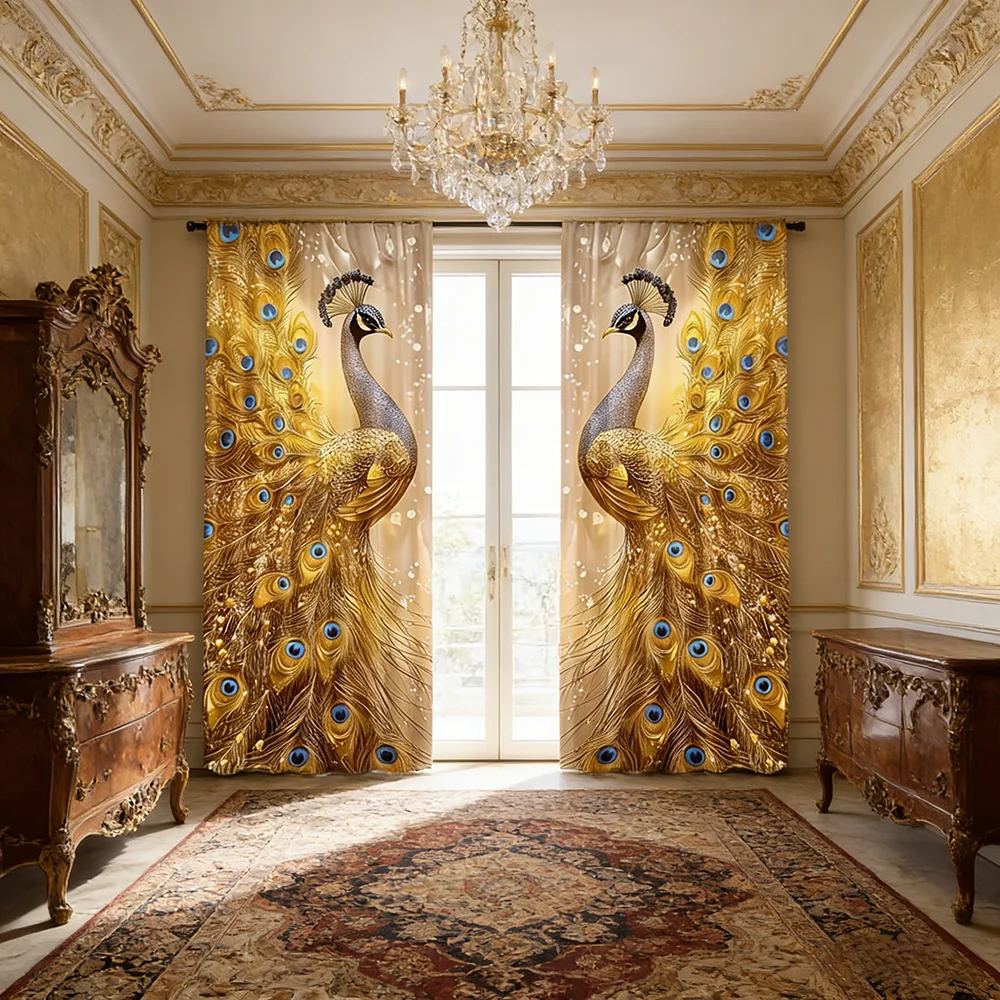 2PCS Digital Printed Curtains, Golden Peacock Feather Luxury Ornate Exotic, Home Decor Style for Living Room Bedroom Decor