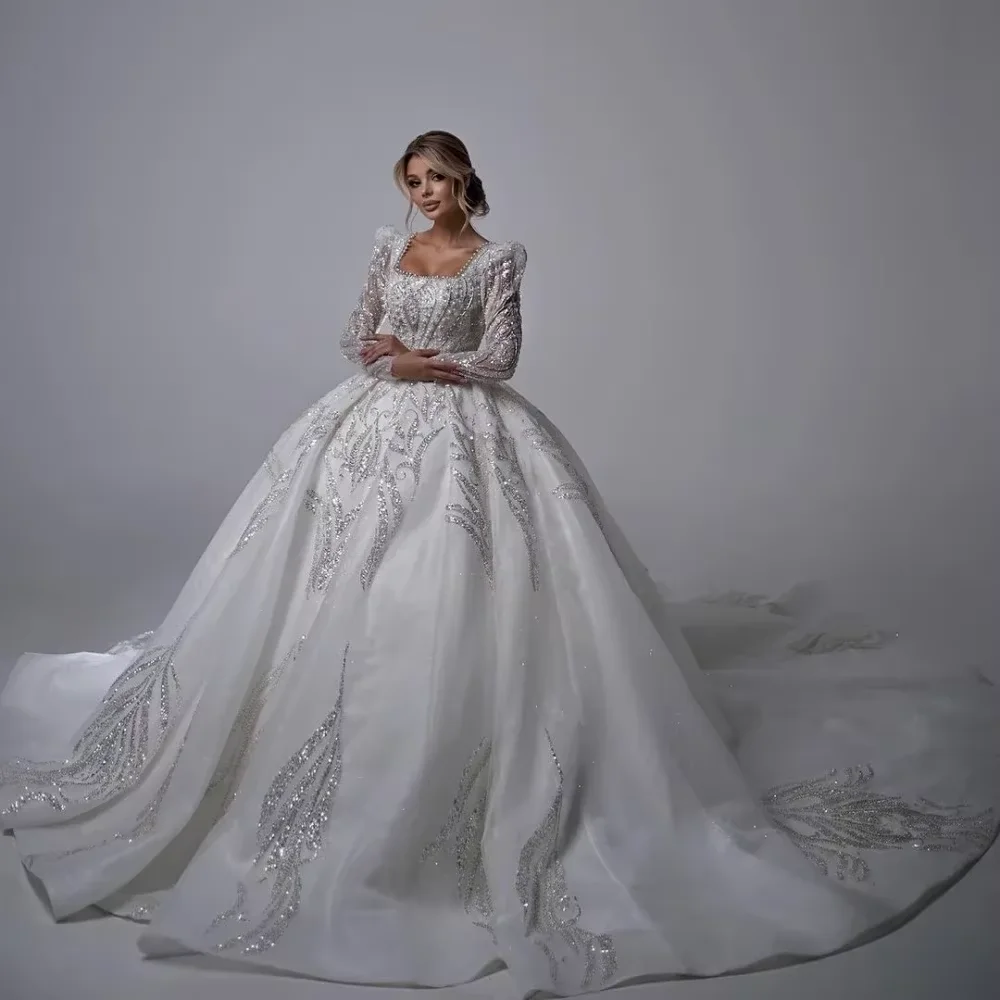 Square Neck BallGown Wedding Dress Custom Size Corse Back Long Sleeve Heavy Beaded Sequin Appliques Cathedral Train Bridal Gown