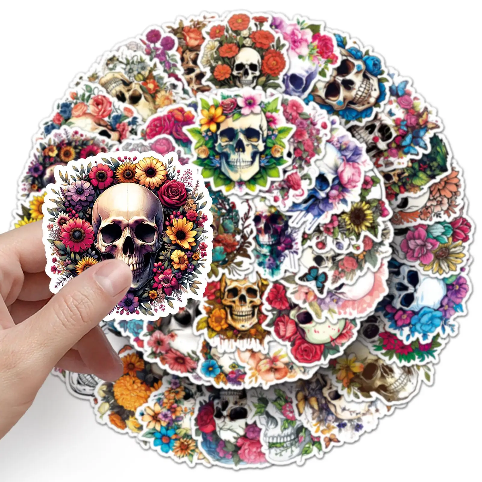 10/50pcs Punk Style Skull Flowers Stickers Aesthetic Graffiti Decals For Fidge Motorcycle Luggage PVC Waterproof Cool Sticker