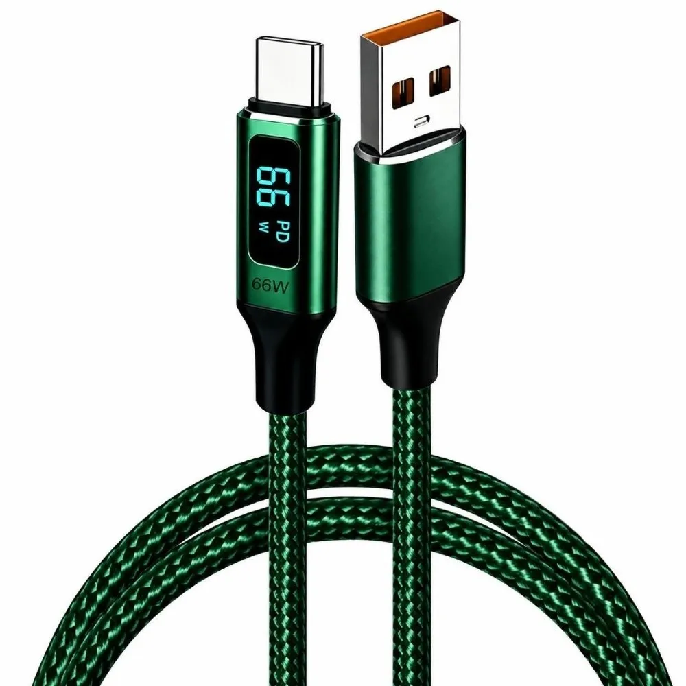 66W USB-A to USB-C Cable Real-Time Display 3A Braided Charging Line Nylon Braided Data Transfer Digital Display Cord