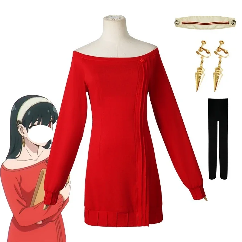

Anime Spy Cosplay Family Costume Yor Forger Red Dress Wig Full Set for Women Halloween Role Play Party Comic Conventions