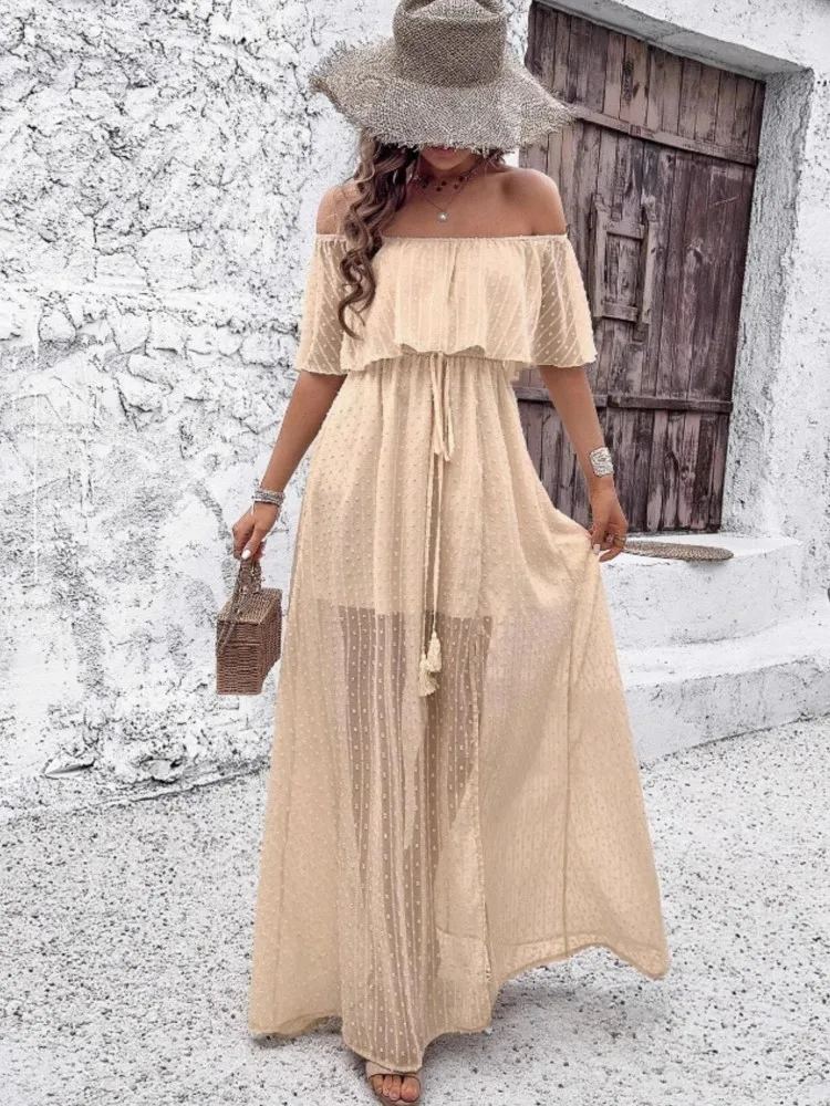 فستان بوهو للعطلات للنساء موضة بدون أكتاف وأكمام قصيرة ورقبة مائلة ورباط وخصر عالٍ فساتين فضفاضة رداء نسائي
