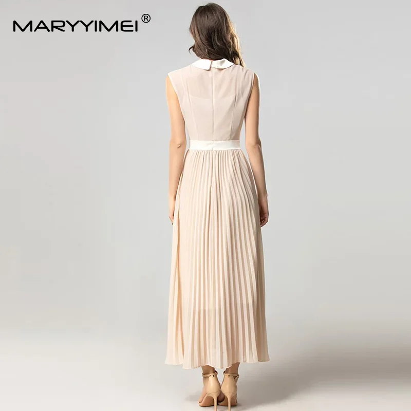 Gedivoen エレガントなフレンチスタイルマキシドレス人形の襟ノースリーブハイウエストロングプリーツドレス女性の夏の新着