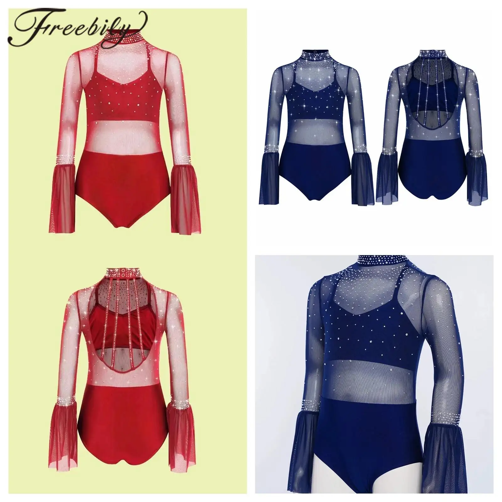 

Ballet Gymnastics Bodysuit for Girls Figure Skating Leotard Children's Sheer Mesh Jumpsuit Flare Sleeve Competition Dancewear