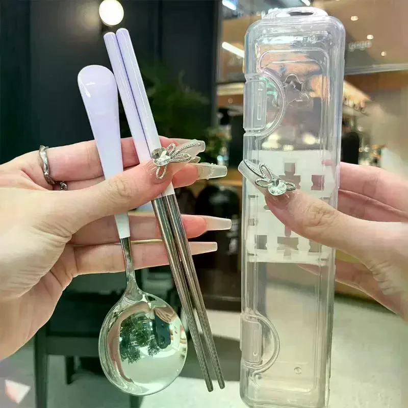 Stainless Steel Portable Cutlery Set Spoon Chopsticks Student Travel Korean Style Portable Cutlery Set With Box Kitchen Supply view 3